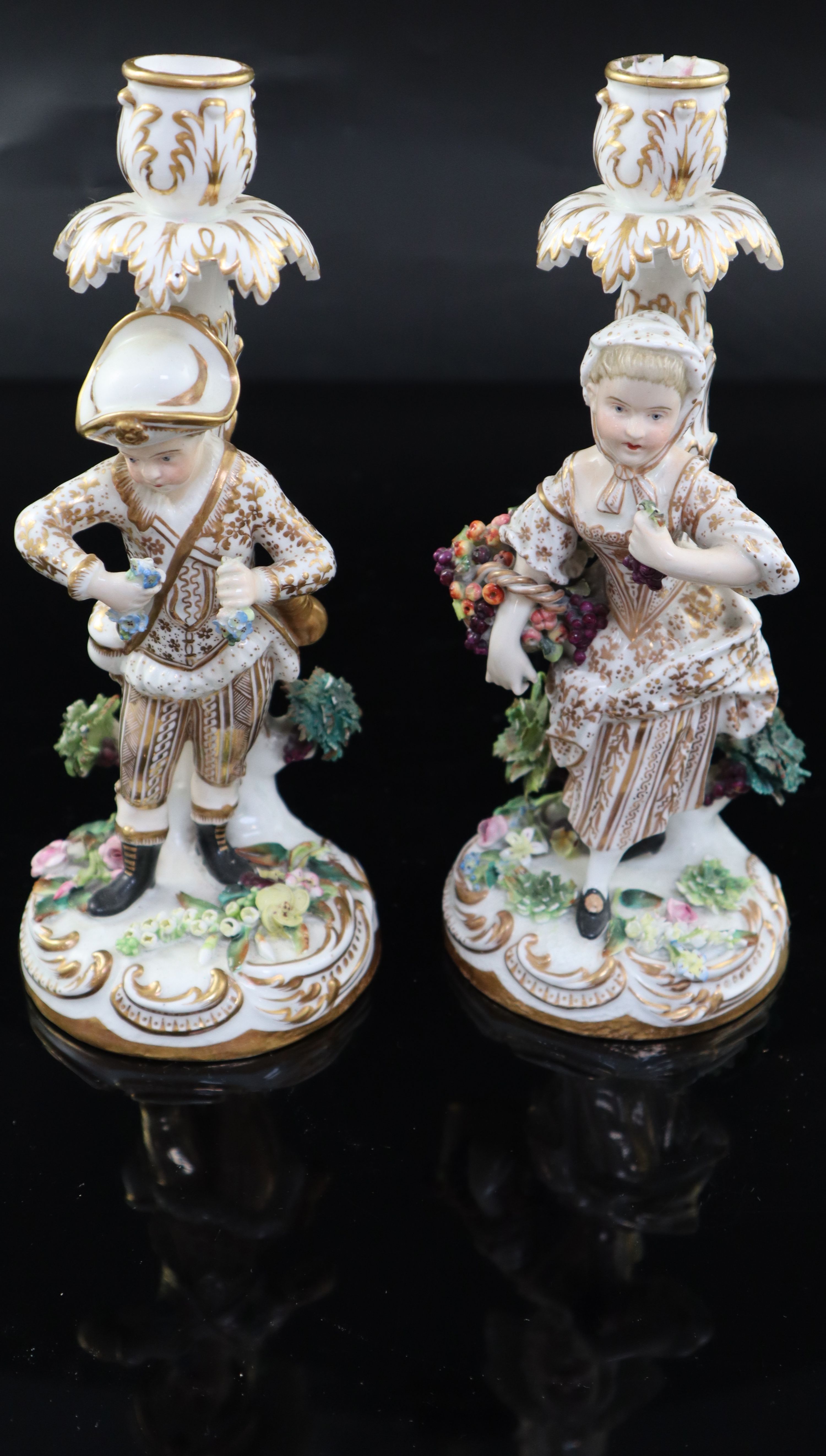 A pair of Victorian John Bevington bone china candlesticks, height 21.5cm